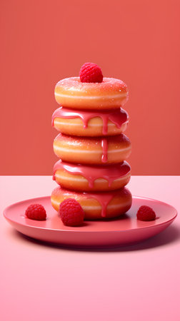 Stack of tasty pancakes with raspberries on pink plate. 3d renderingの素材