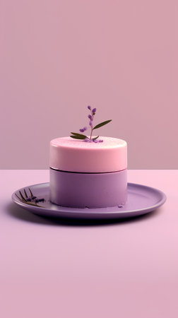 Cake with lavender on a pink background. 3d renderingの素材