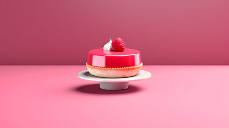 Cake with red cream and raspberry on pink background. 3d renderingの素材