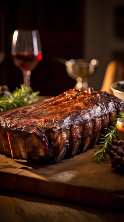 Tasty grilled ribs with rosemary and spices on a wooden boardの素材