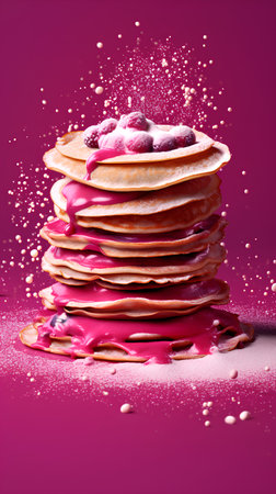 Stack of pancakes with raspberry and blueberry jam on pink background.の素材