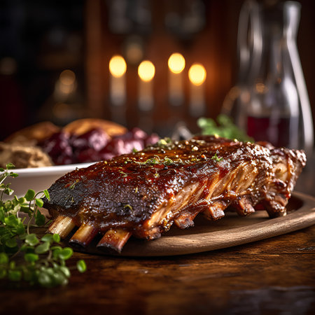 grilled ribs with garnish on a wooden table in a restaurantの素材