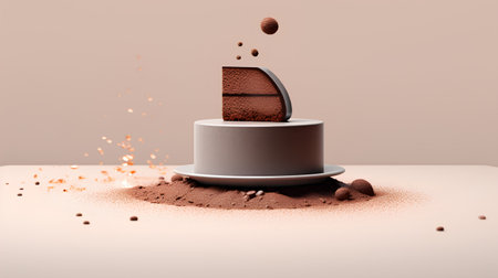 3d rendering of chocolate cake in the shape of a tower with splashesの素材