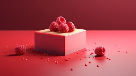 3d rendering of a box with raspberries on a red backgroundの素材