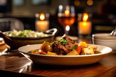 Beef bourguignon with potatoes and vegetables in a restaurantの素材