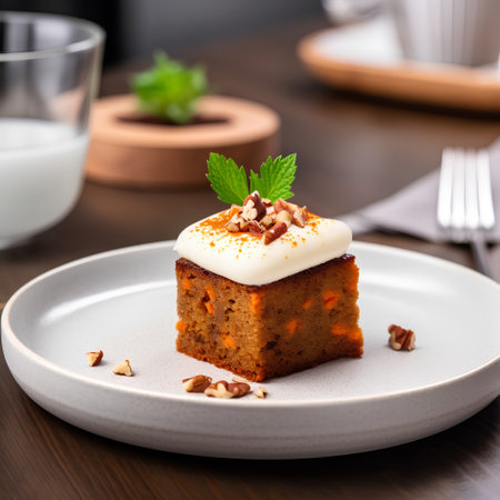 Piece of carrot cake with whipped cream and nuts on a plateの素材