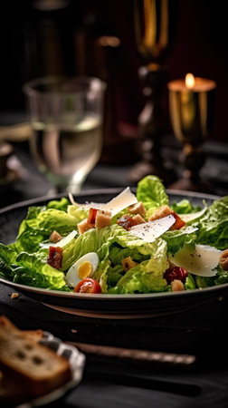Caesar salad with bacon and parmesan cheese on dark backgroundの素材