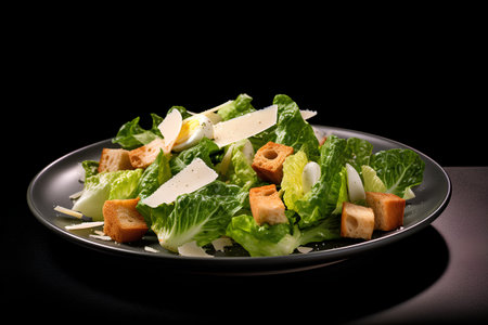 Caesar salad with parmesan cheese and croutons on black backgroundの素材