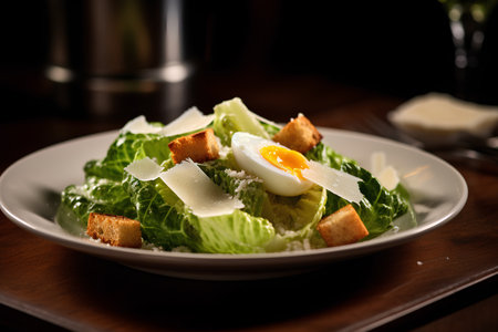 Caesar salad with egg and croutons on a wooden tableの素材