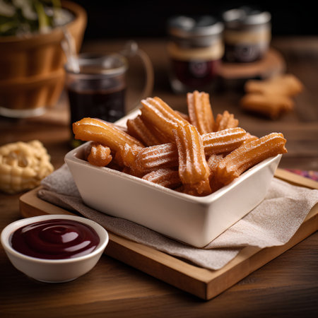 Churros with sauce on wooden background. Selective focus.の素材