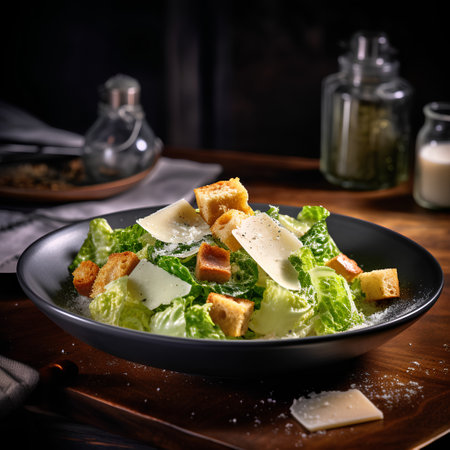 Caesar salad with parmesan cheese and croutons on wooden tableの素材
