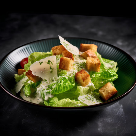 Caesar salad with parmesan cheese and cherry tomatoes on dark backgroundの素材