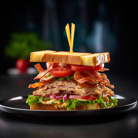 Sandwich with chicken, bacon and vegetables on a black background.の素材
