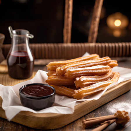 Churros with chocolate sauce on a wooden background. Selective focus.の素材