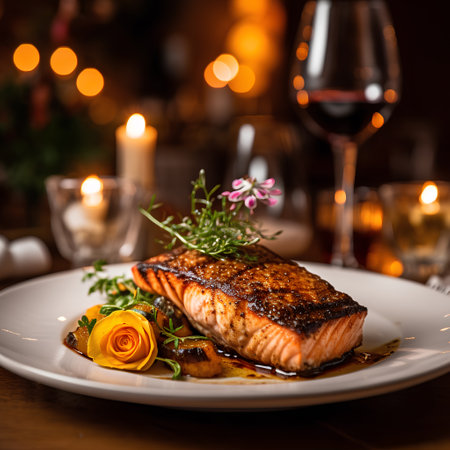 Grilled salmon fillet with rosemary on white plate in restaurantの素材