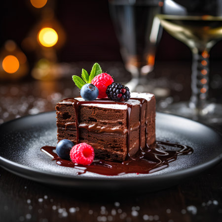 Chocolate cake with berries and chocolate sauce on a dark background.の素材