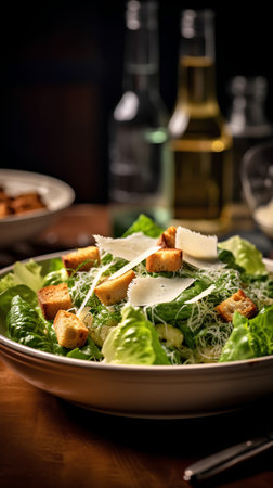 Caesar salad with parmesan and croutons on wooden backgroundの素材