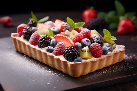 Delicious tartlets with fresh berries and fruits. Selective focus.の素材