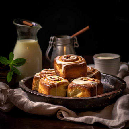 Cinnamon rolls with milk on wooden background. Selective focus.の素材