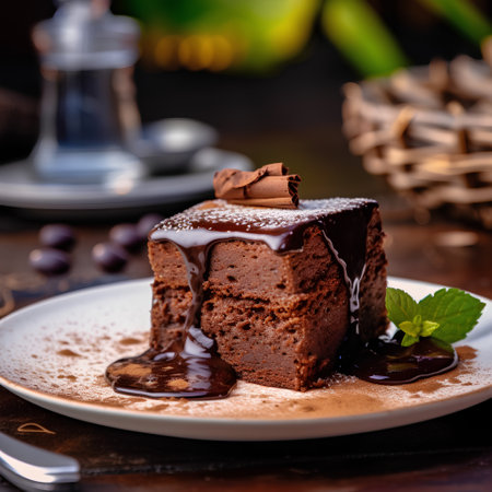 Chocolate cake with chocolate glaze on a wooden background. Selective focus.の素材