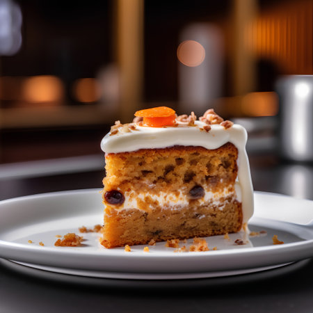 Piece of cake with cream and dried apricots on a white plateの素材