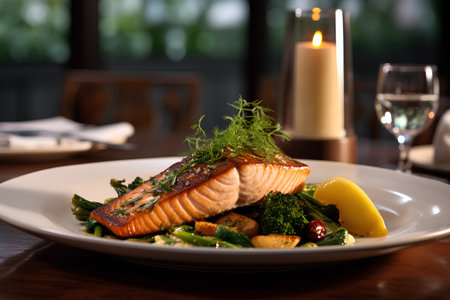 Salmon fillet with vegetables on a white plate in a restaurantの素材