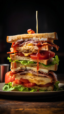 Sandwich with ham, cheese, tomato and lettuce on wooden backgroundの素材