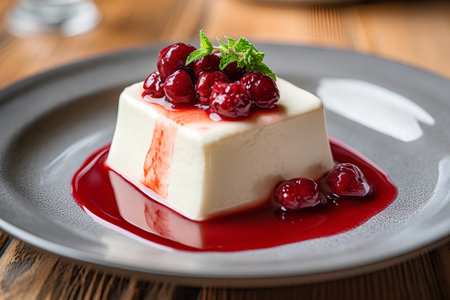 Panna cotta with raspberry sauce on a plate, close-upの素材