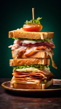 Sandwiches with ham, cheese and vegetables on a dark backgroundの素材