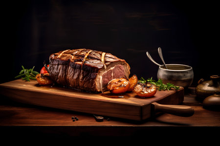 roast beef with vegetables on a wooden board on a dark backgroundの素材