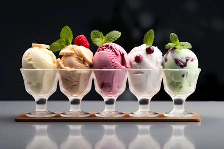 Various of ice cream scoops in glass bowls on black background.の素材