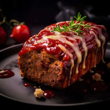 Delicious homemade meatloaf with tomato sauce and rosemary on black backgroundの素材