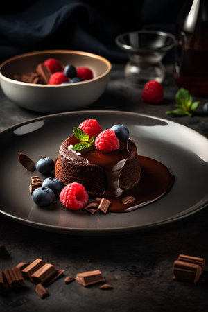 Chocolate Souffle with fresh berries and chocolate sauce on dark backgroundの素材