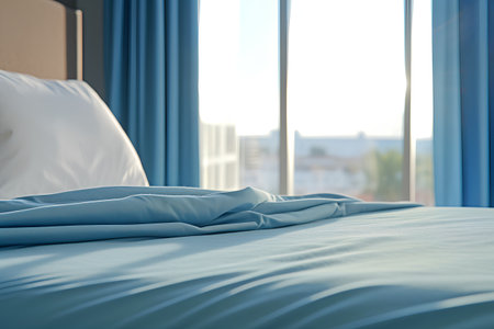 Comfortable bed in hotel room with blue curtains. 3d renderingの素材