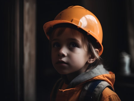 Portrait of a cute little girl in a construction helmet and uniformの素材