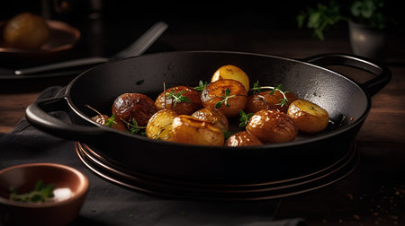 Baked potatoes with thyme in a frying pan on a wooden tableの素材