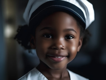 Portrait of a cute African-American little girl wearing a chef hatの素材