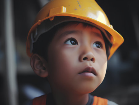 Portrait of a little boy wearing a safety helmet in construction siteの素材
