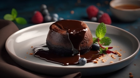 Chocolate pudding with fresh berries and mint on a dark blue backgroundの素材