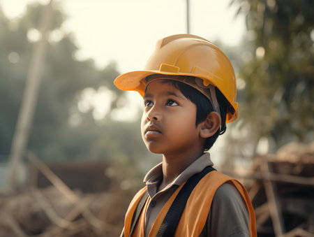 Portrait of asian boy construction worker wearing safety helmet and safety vest.の素材