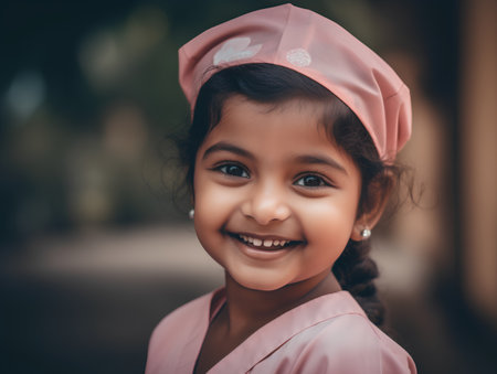 Portrait of a cute smiling little girl in a pink dress.の素材
