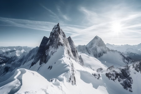 Beautiful alpine landscape with snow-capped peaks and blue skyの素材