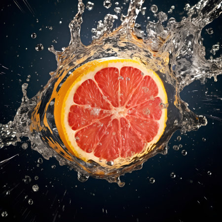 Grapefruit in water splash, isolated on black background. 3d renderingの素材
