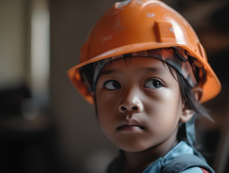 Portrait of asian little girl wearing orange safety helmet and looking at cameraの素材