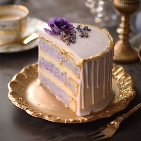 Lavender cake with lavender on golden plate. Selective focus.の素材