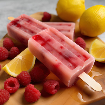 Homemade raspberry popsicles with fresh raspberries and lemon on a wooden boardの素材