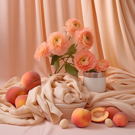 Still life with peaches and peach in vase on fabric backgroundの素材