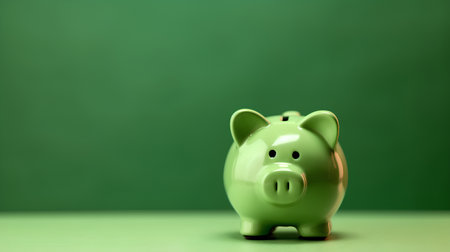 Green piggy bank on a green background with copy space for textの素材