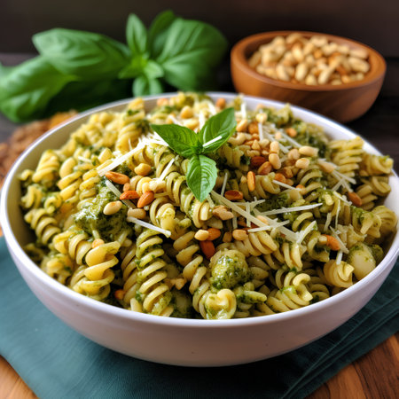 Fusilli pasta with pesto sauce, parmesan cheese and pine nuts. Italian food.