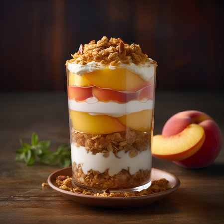Delicious dessert with yogurt, peach and granola in glass on wooden backgroundの素材